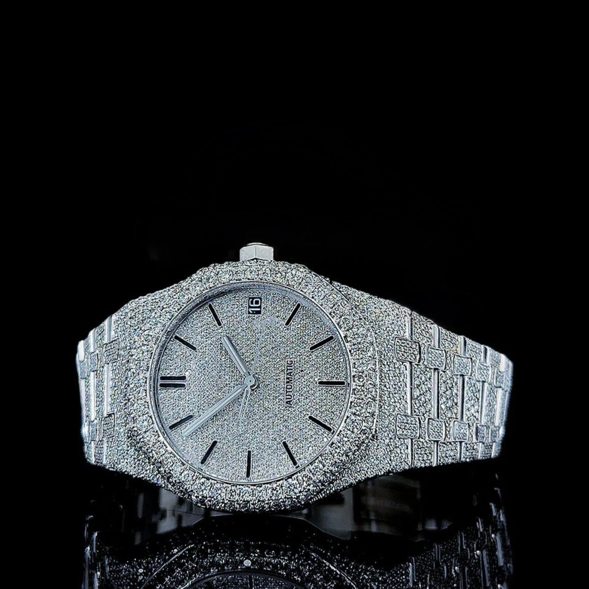White Dial AP Black Stick Markers Fully Iced Out Moissanite Watch