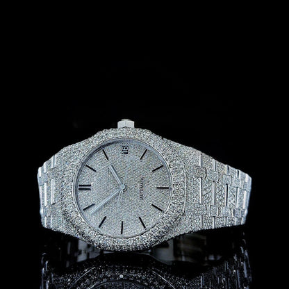 White Dial AP Black Stick Markers Fully Iced Out Moissanite Watch