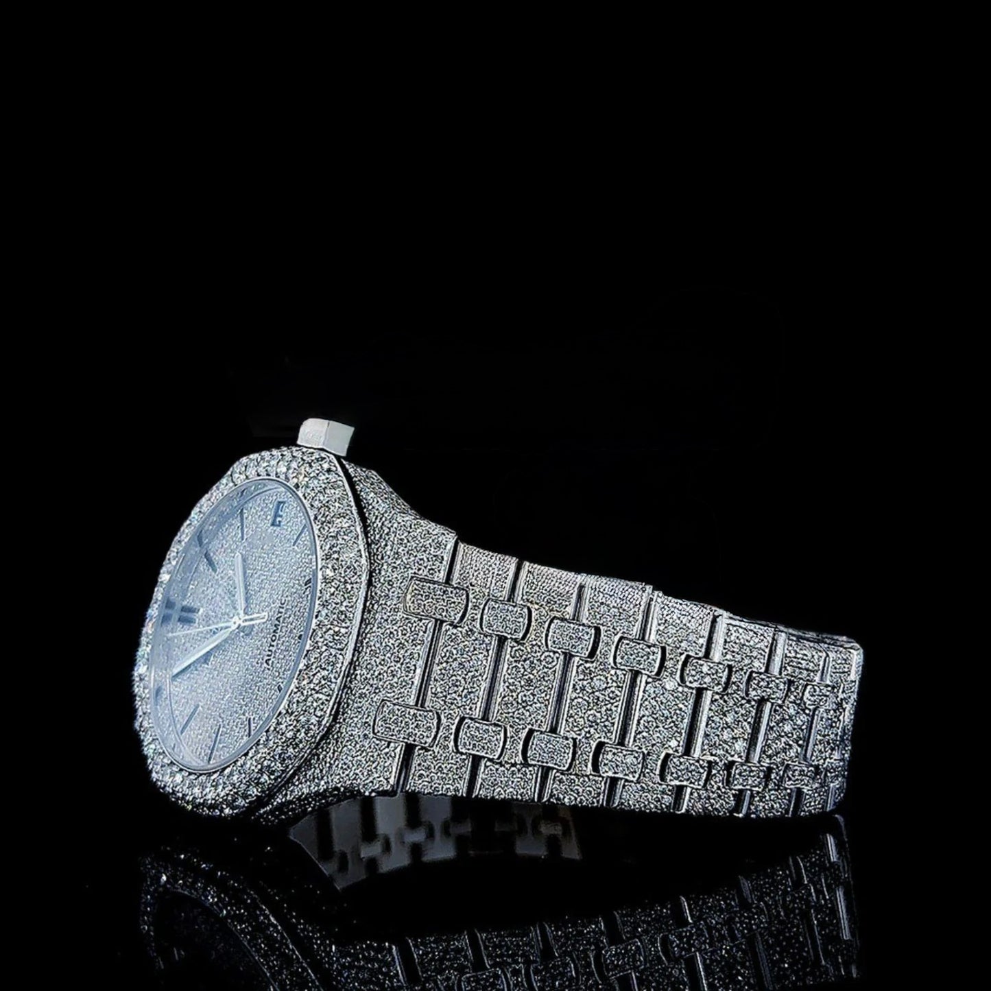 White Dial AP Black Stick Markers Fully Iced Out Moissanite Watch
