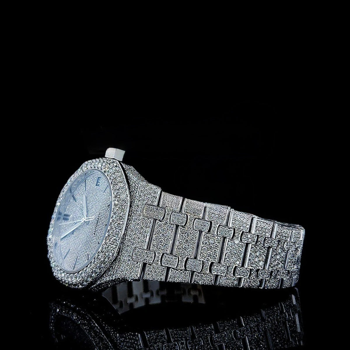 White Dial AP Black Stick Markers Fully Iced Out Moissanite Watch