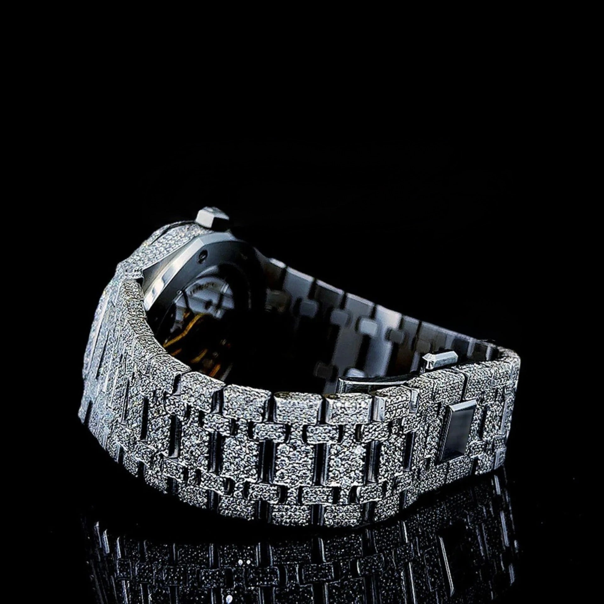 White Dial AP Black Stick Markers Fully Iced Out Moissanite Watch