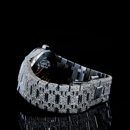 White Dial AP Black Stick Markers Fully Iced Out Moissanite Watch