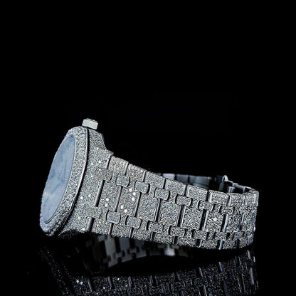 White Dial AP Black Stick Markers Fully Iced Out Moissanite Watch
