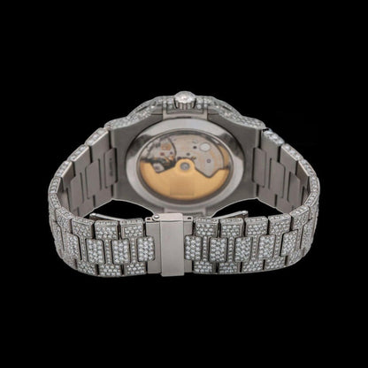 Fully Iced Out White Dial Stick Markers Moonphase Moissanite Diamond Watch