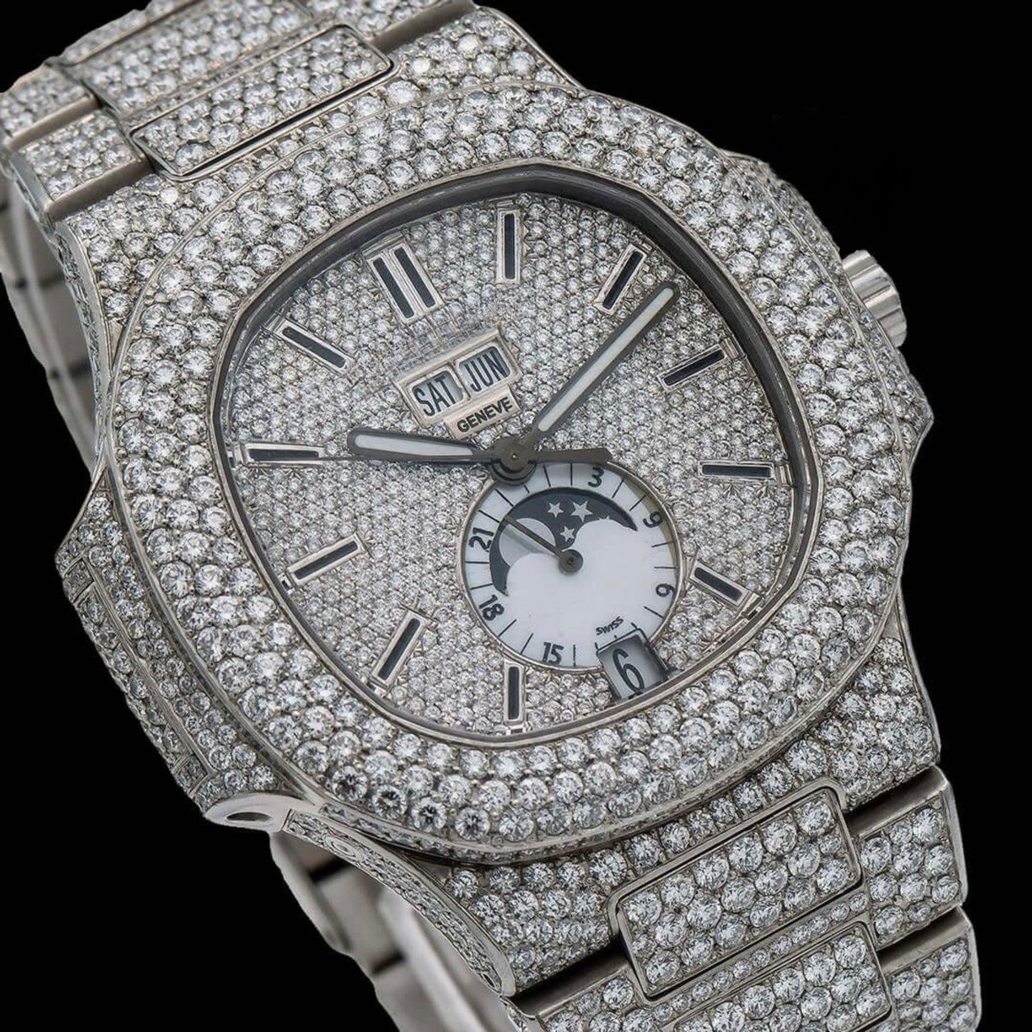 Fully Iced Out White Dial Stick Markers Moonphase Moissanite Diamond Watch