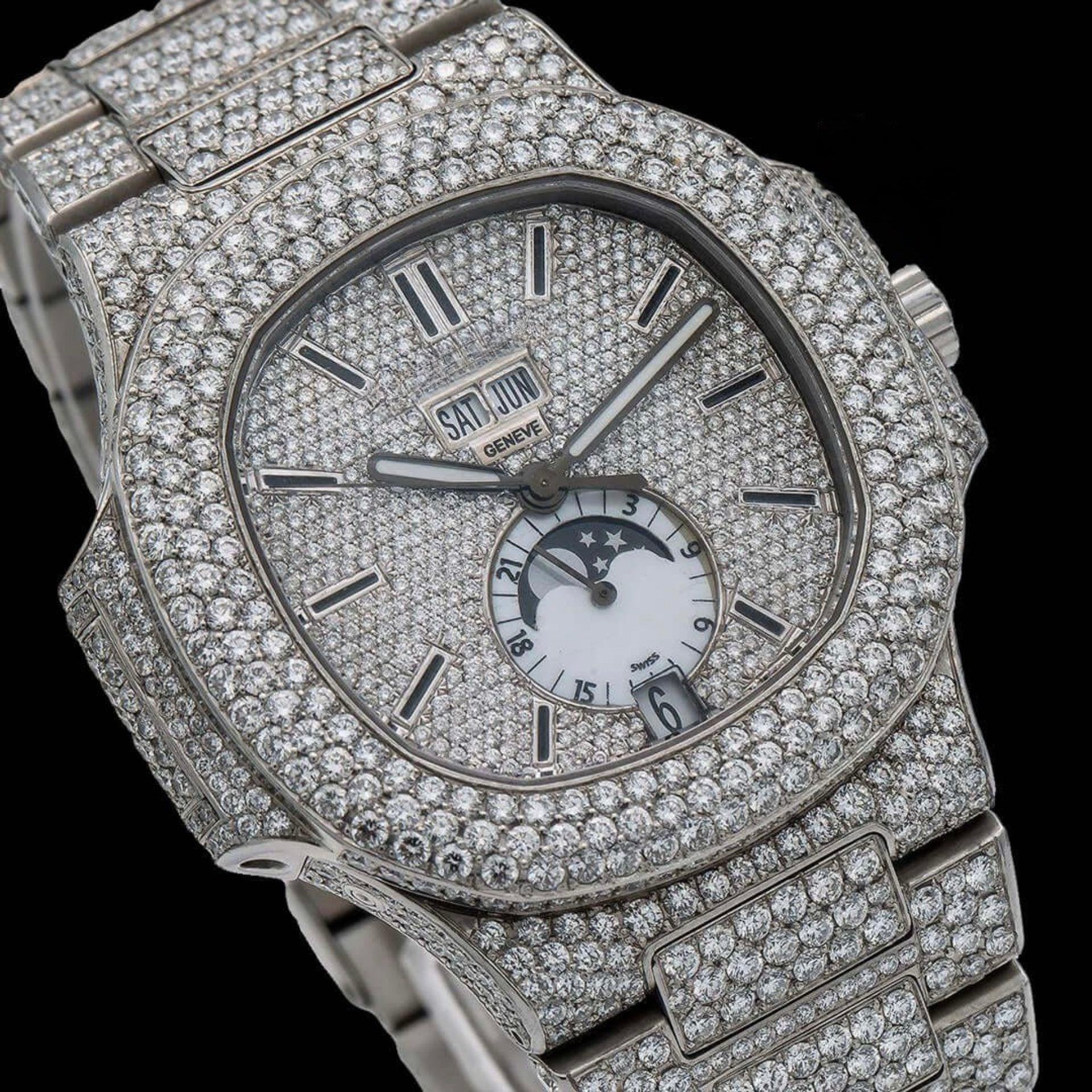 Fully Iced Out White Dial Stick Markers Moonphase Moissanite Diamond Watch