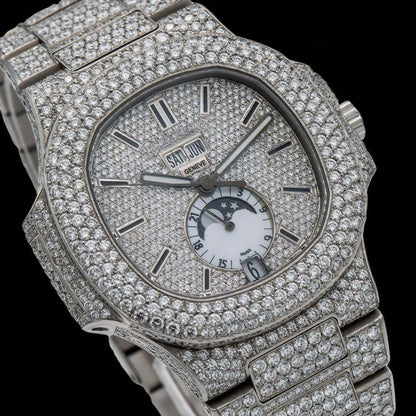 Fully Iced Out White Dial Stick Markers Moonphase Moissanite Diamond Watch