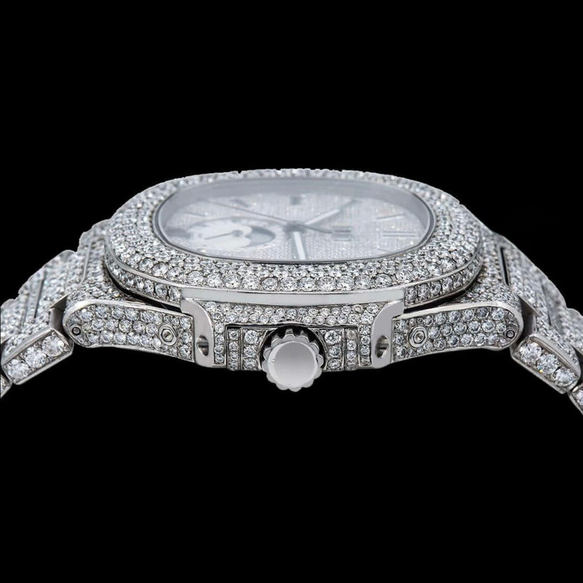 Fully Iced Out White Dial Stick Markers Moonphase Moissanite Diamond Watch