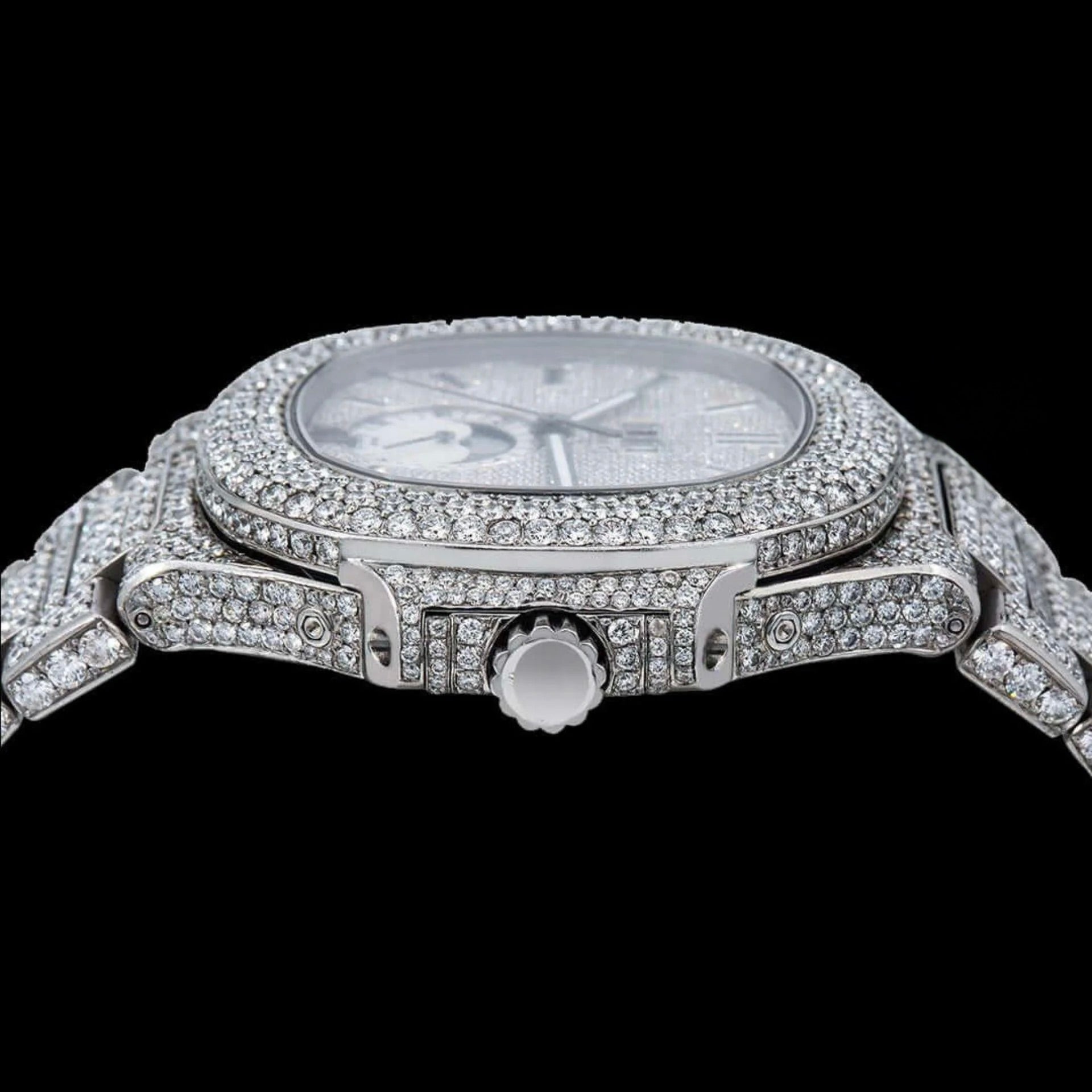 Fully Iced Out White Dial Stick Markers Moonphase Moissanite Diamond Watch