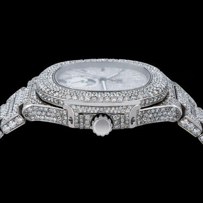 Fully Iced Out White Dial Stick Markers Moonphase Moissanite Diamond Watch