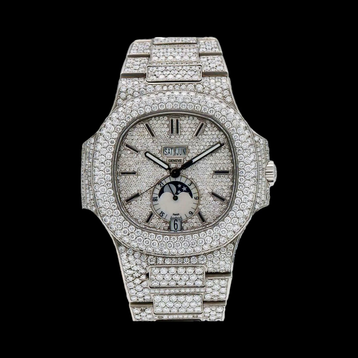 Fully Iced Out White Dial Stick Markers Moonphase Moissanite Diamond Watch