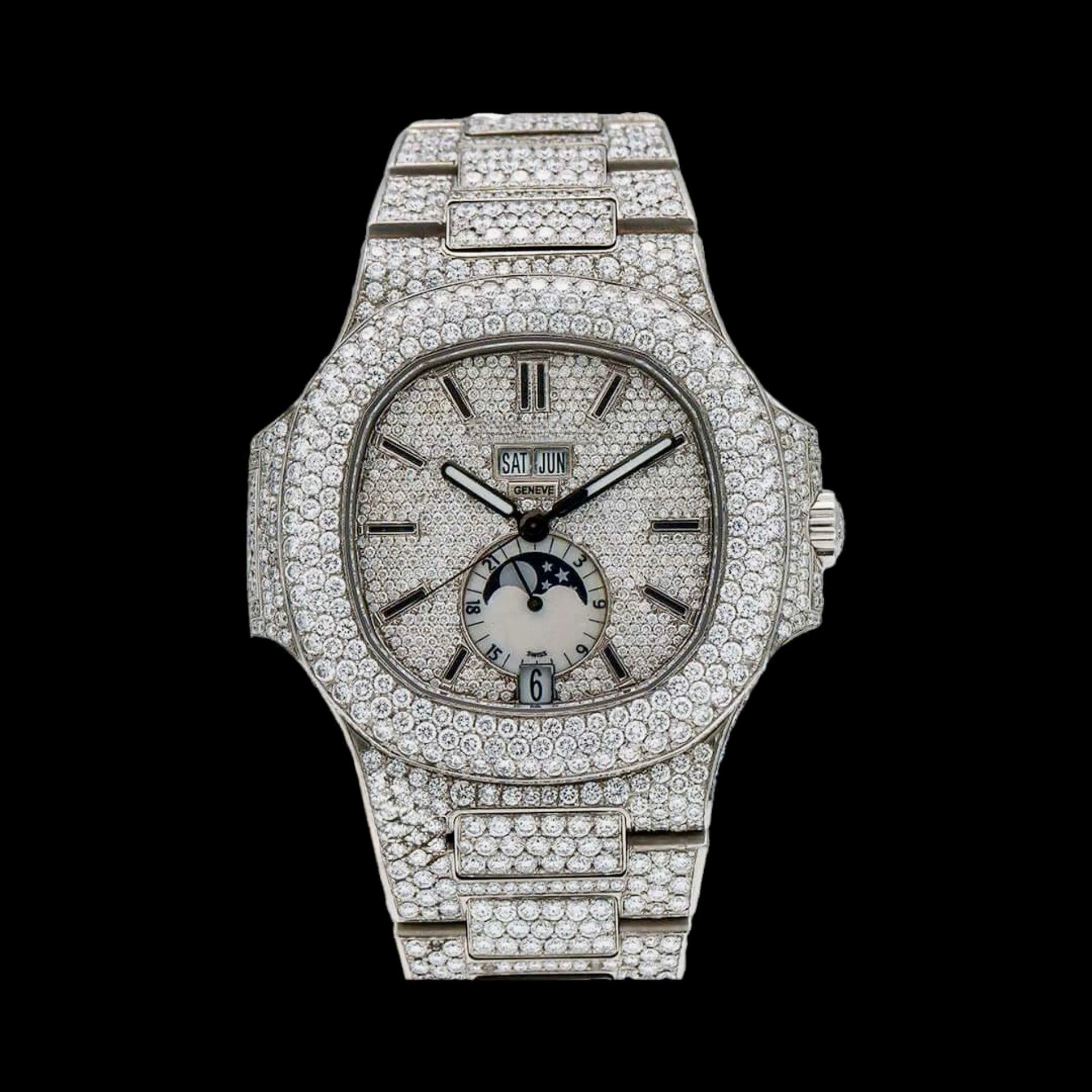 Fully Iced Out White Dial Stick Markers Moonphase Moissanite Diamond Watch