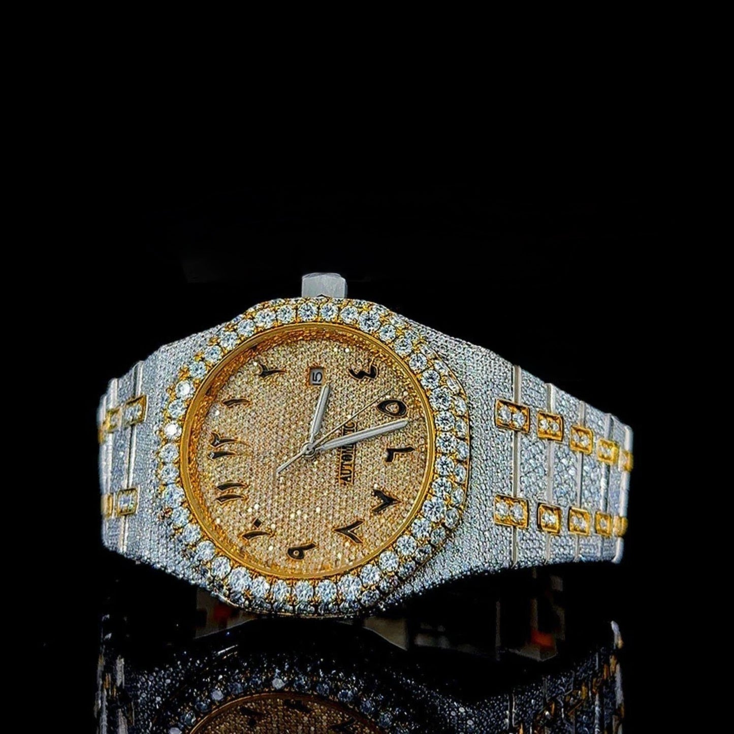 Yellow Gold AP Moissanite Diamonds Watch with Arabic Numerals