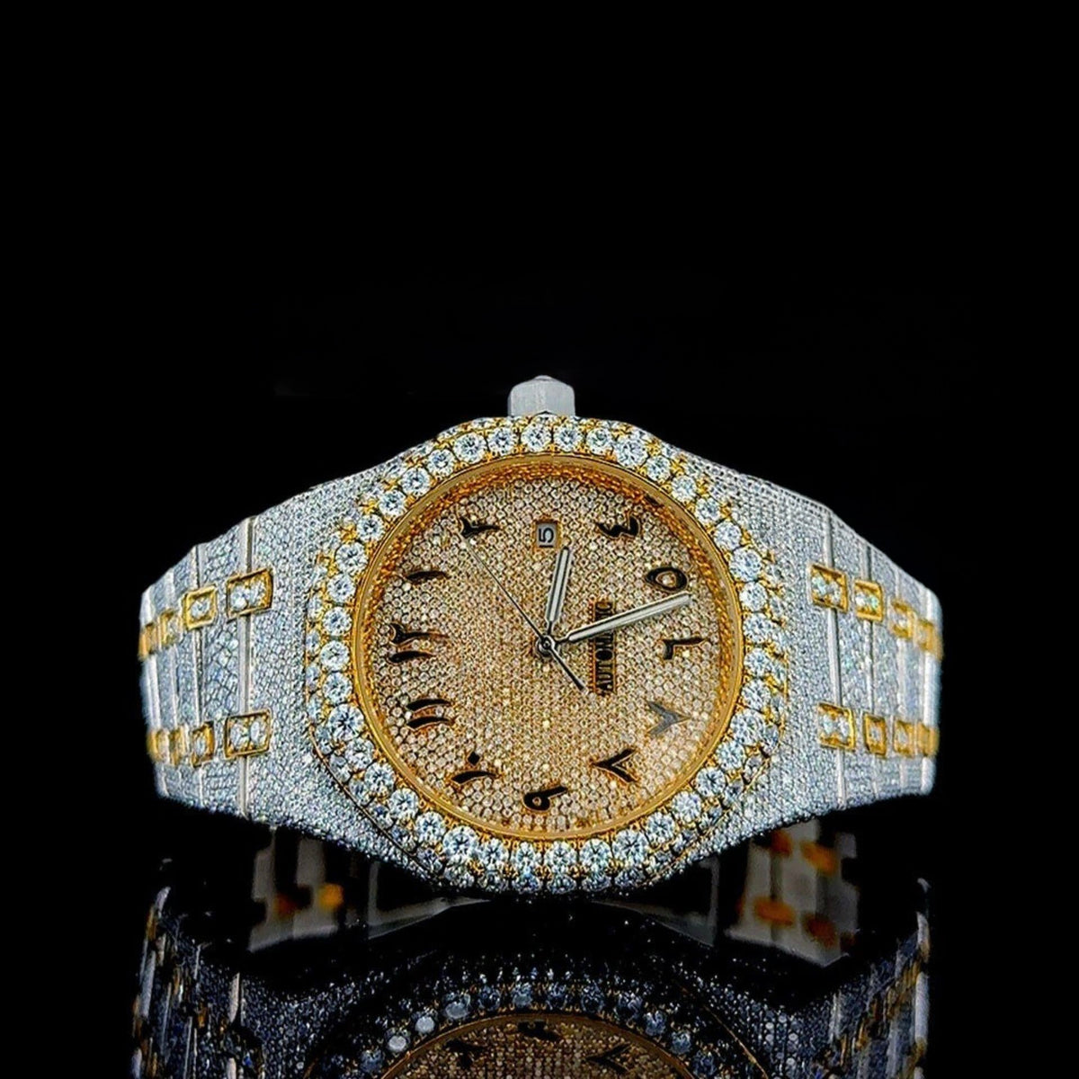 Yellow Gold AP Moissanite Diamonds Watch with Arabic Numerals