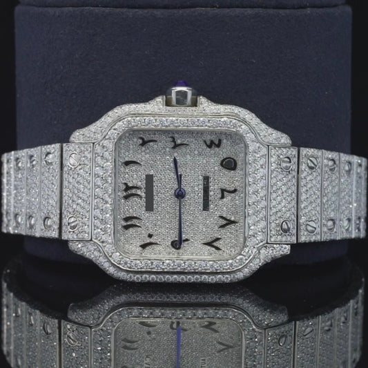 Moissanite Diamond Black Arabic Numerals Bust Down White Dial Watch